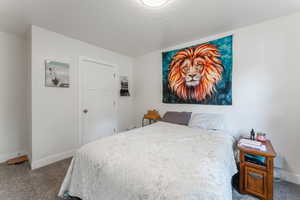 Bedroom featuring a textured ceiling and carpet