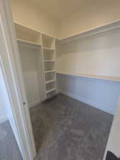 Walk in closet with dark colored carpet