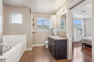 Bathroom featuring vanity, wood-type flooring, a tub, and plenty of natural light