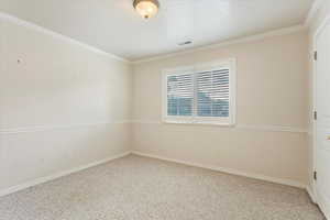 Carpeted spare room with crown molding