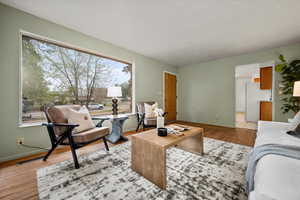 Living room featuring light wood-type flooring and plenty of natural light