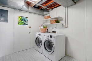 Laundry and utility room with backyard access.