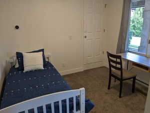 Main level second bedroom featuring dark colored carpet and multiple windows