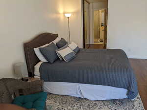 Master bedroom on main floor with connected bathroom and dark wood-type flooring