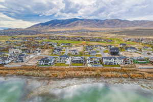 Aerial view of residential area with mountains