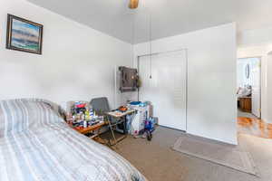 Carpeted bedroom featuring a closet and ceiling fan