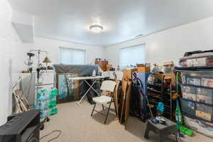 Bedroom featuring light colored carpet