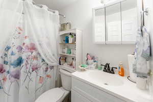 Bathroom featuring vanity, toilet, and walk in shower