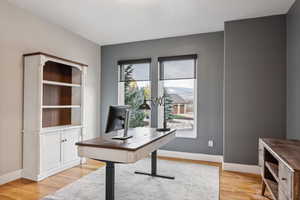 Home office with light hardwood / wood-style flooring, a mountain view, and a textured ceiling