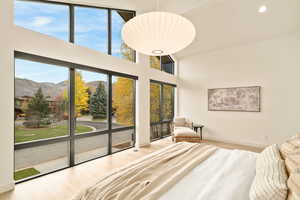 Bedroom featuring a mountain view, multiple windows, and light wood-type flooring