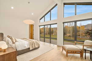 Bedroom with high vaulted ceiling, light hardwood / wood-style flooring, and access to exterior