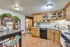 Kitchen featuring black dishwasher, sink, a textured ceiling, stainless steel gas stove, and light tile patterned floors