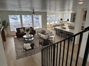 Living room with sink, a textured ceiling, and light wood-type flooring