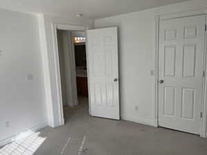 Unfurnished bedroom featuring light carpet