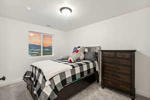 Carpeted bedroom featuring a textured ceiling