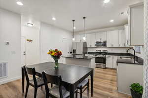 Kitchen featuring a kitchen island, sink, white cabinets, pendant lighting, and appliances with stainless steel finishes