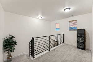 Interior space featuring carpet flooring and a textured ceiling