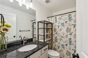 Bathroom featuring toilet, a textured ceiling, vanity, and a shower with shower curtain