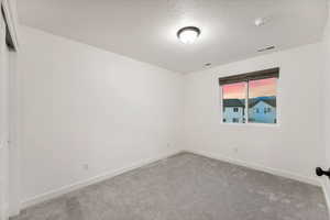 Carpeted empty room with a textured ceiling