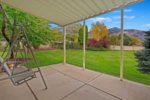 View of patio featuring a mountain view