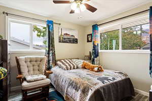 Bedroom with hardwood / wood-style floors and ceiling fan