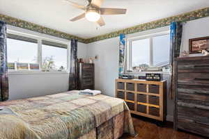 Bedroom featuring dark hardwood / wood-style flooring, multiple windows, and ceiling fan