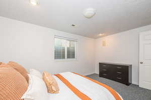 Carpeted bedroom featuring a textured ceiling