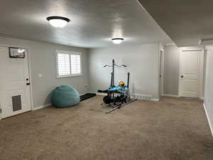 Exercise room featuring carpet floors and a textured ceiling