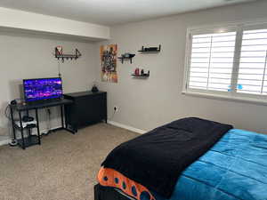 Carpeted bedroom featuring multiple windows