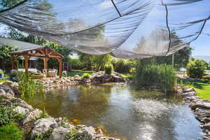 Property view of water with a gazebo and a small pond