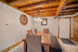 Dining area featuring beamed ceiling, wooden ceiling, and light tile patterned floors