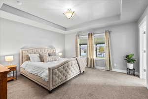 Large Master Bedroom with tray ceiling; features beautiful views of the private backyard