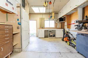 Garage with a workshop area