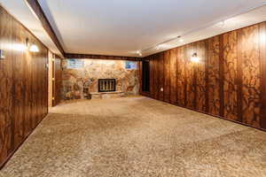 Basement featuring a stone fireplace, carpet floors, and track lighting