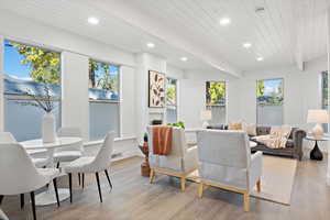 Living room featuring beam ceiling, light hardwood / wood-style flooring, and wooden ceiling