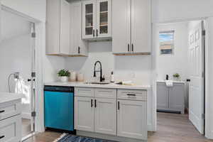 Kitchen featuring dishwasher, sink, and light wood-type flooring