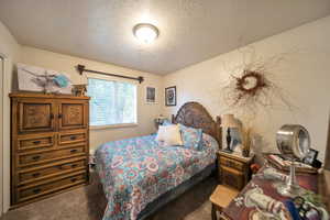 Bedroom with a textured ceiling and carpet