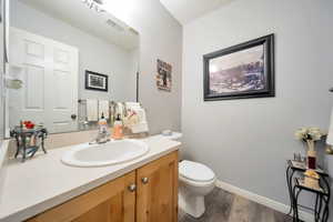 Bathroom with toilet, vanity, and wood-type flooring