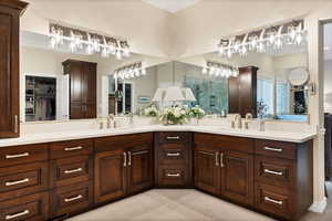 Primary bathroom newly remodeled with two sinks