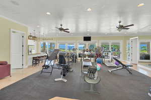 Pool house gym, a wealth of natural light, and ceiling fan