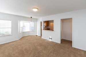 Unfurnished living room with light carpet