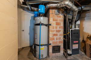 Utility room featuring secured water heater