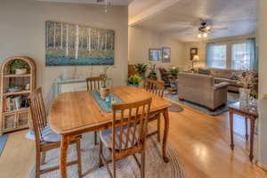 Dining room featuring light hardwood / wood-style floors, lofted ceiling, and ceiling fan