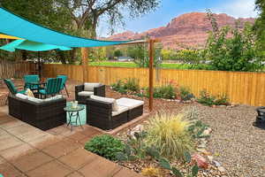 View of patio with a mountain view