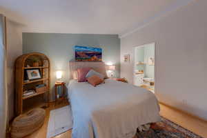 Bedroom with ensuite bathroom, vaulted ceiling, and wood-type flooring