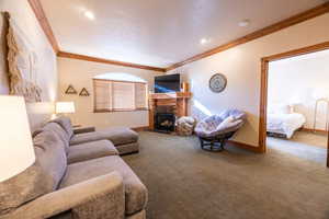 Living room with crown molding, carpet floors, and a tiled fireplace