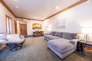 Carpeted living room featuring crown molding