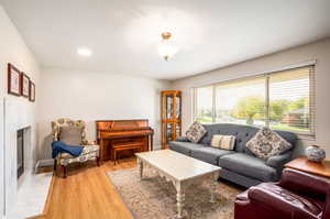 Living room with a premium fireplace and light wood-type flooring