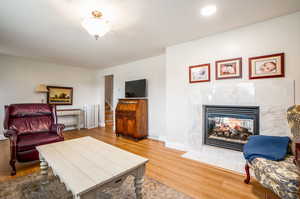 Living room with a multi sided fireplace, hardwood / wood-style floors, and radiator