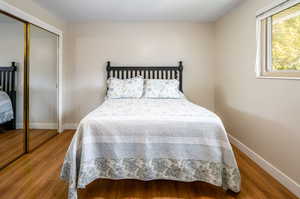 Bedroom with hardwood / wood-style flooring and a closet